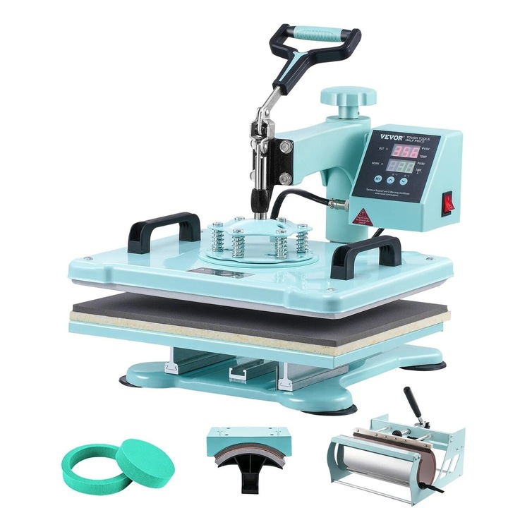 5 в 1 термопреса за тениски/шапки/чаши, 1050 W, 0-250 ℃, размер на нагревателната плоча 30 x 38 см, зелена