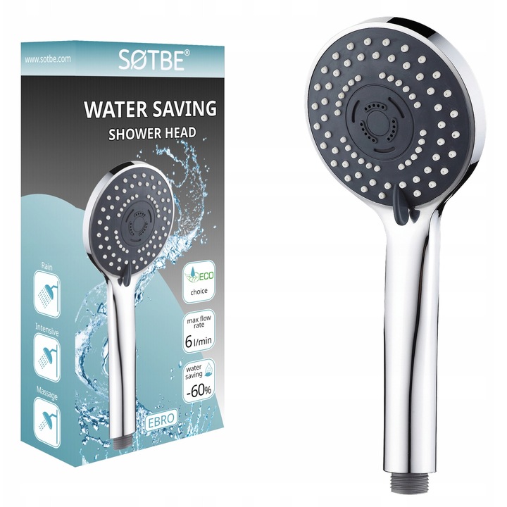 Dus cu economie de apa 60%, SOTBE LARK EBRO, 3 tipuri de jet, crom, 100x240mm