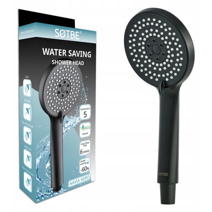 Dus cu 5 functii, SOTBE LARK NAVIA NERO, economisire apa, anti-calc, negru, 6L/min