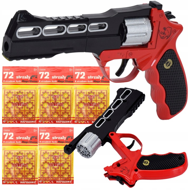 Пистолет играчка, SklepLolki, метален револвер, черен с червена дръжка, 20x13x3см, комплект с 10 блистера капси 720 изстрела