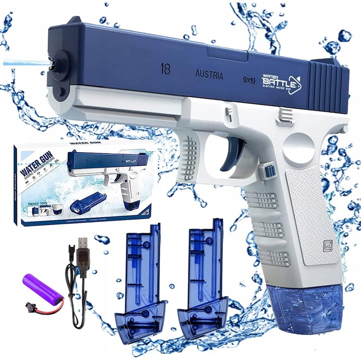 Електрически автоматичен пистолет за вода, SklepLolki, син и бял, 23x17x3см, 2 пълнителя