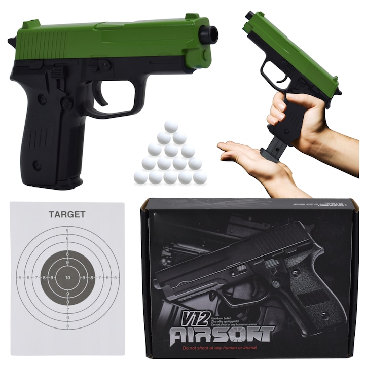 Pistol metalic ASG, replica, 19cm, 15 bile, set cu bile, SklepLolki, negru/verde
