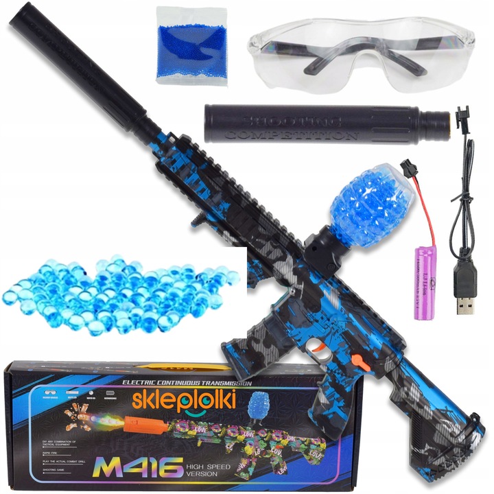 Автоматична карабина с акумулатор, комплект с гел топчета, пълнител за гранати, SklepLolki, 60x15см, синьо/черно