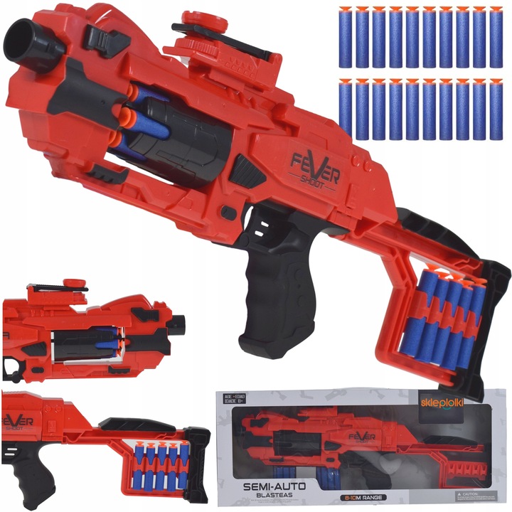 Pistol de jucarie, 20 sageti din spuma, 54x18.5x6cm, rosu/negru, pentru copii 8ani+