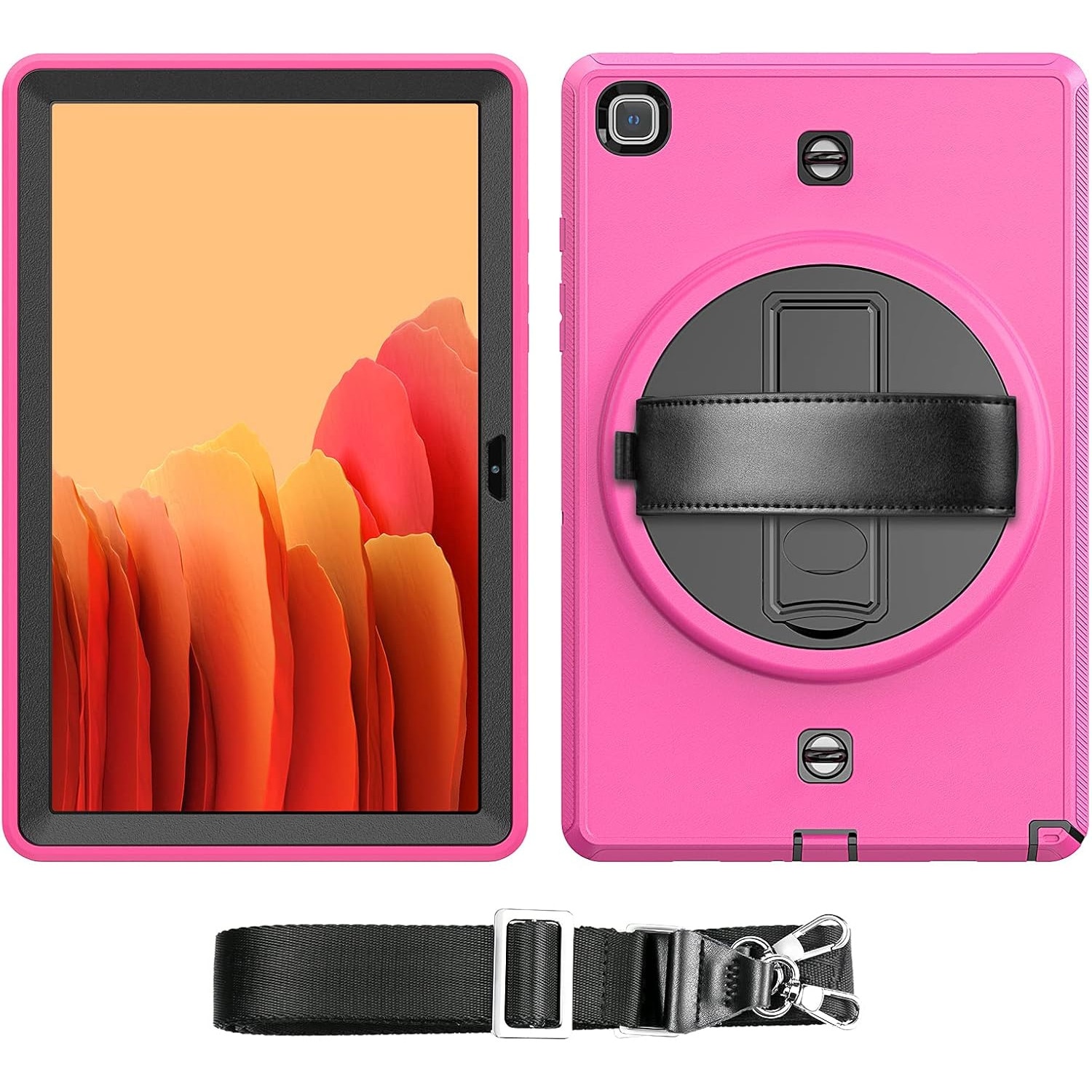 Pachet 360° Sigloo: Husa Shockproof Armor + Folie integrata pentru Samsung Galaxy Tab A7 10.4" cu stand rotativ, curea umar, Roz Bombon
