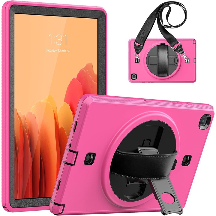 Pachet 360° Sigloo: Husa Shockproof Armor + Folie integrata pentru Samsung Galaxy Tab A7 10.4" cu stand rotativ, curea umar, Roz Bombon
