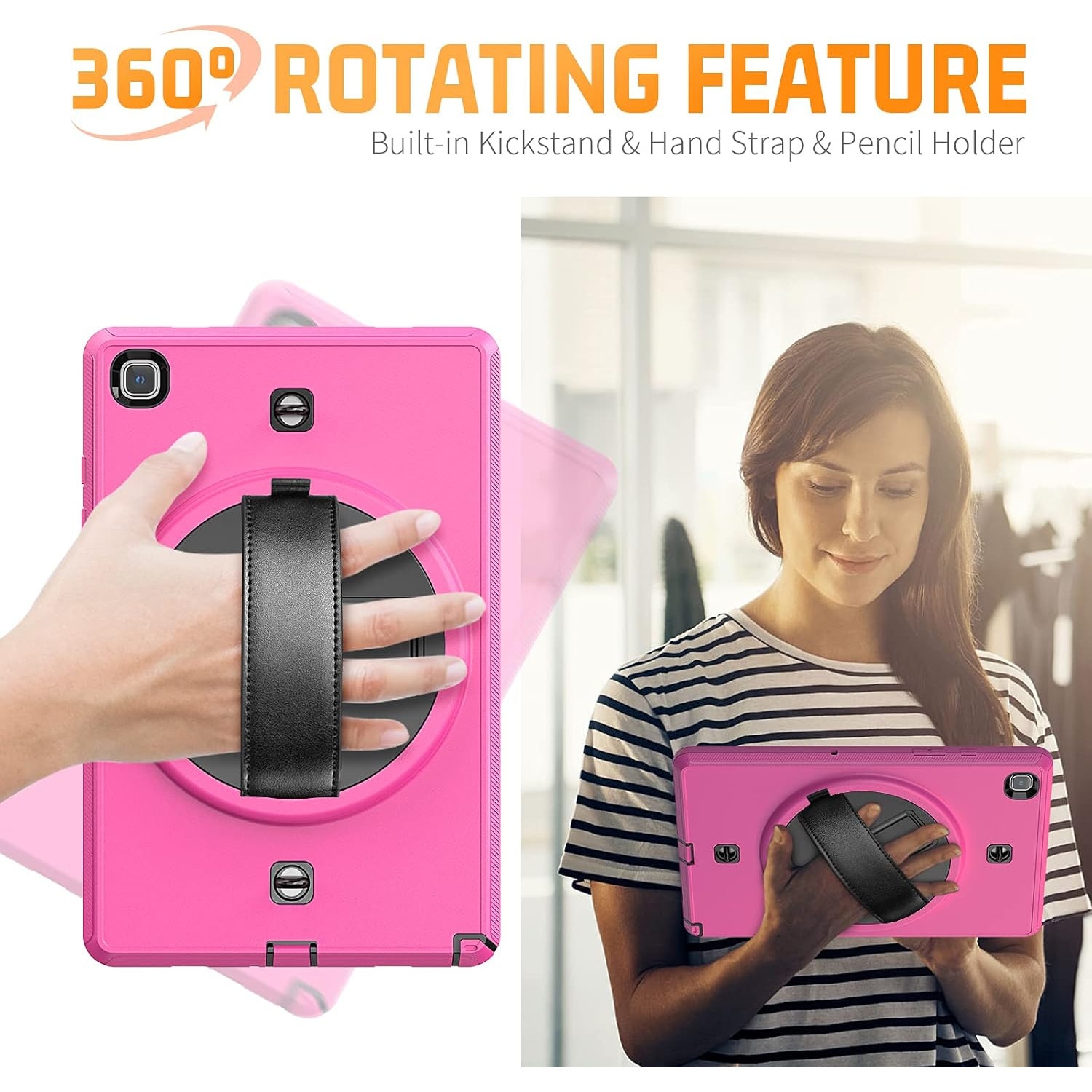 Pachet 360° Sigloo: Husa Shockproof Armor + Folie integrata pentru Samsung Galaxy Tab A7 10.4" cu stand rotativ, curea umar, Roz Bombon