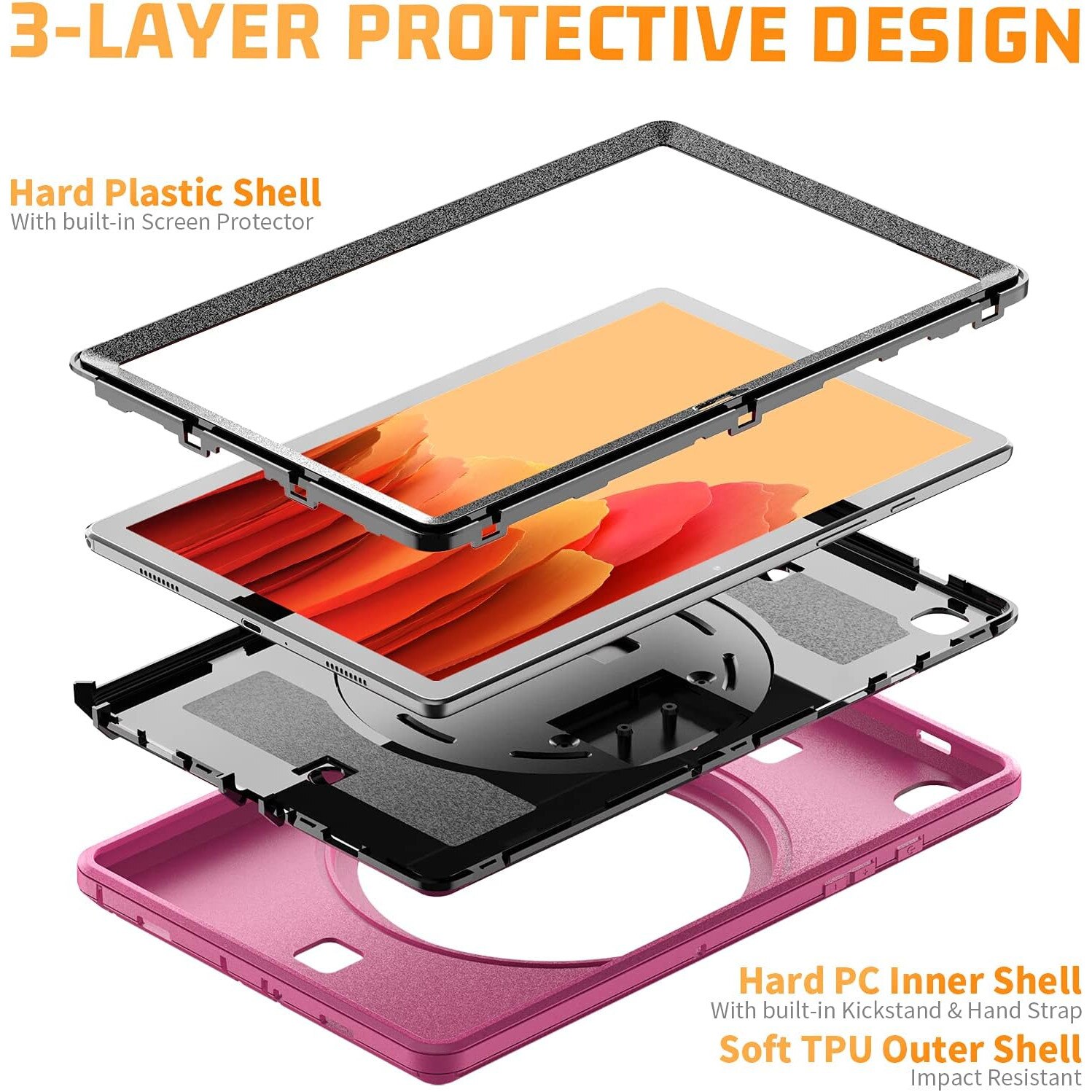 Pachet 360° Sigloo: Husa Shockproof Armor + Folie integrata pentru Samsung Galaxy Tab A7 10.4" cu stand rotativ, curea umar, Roz Bombon