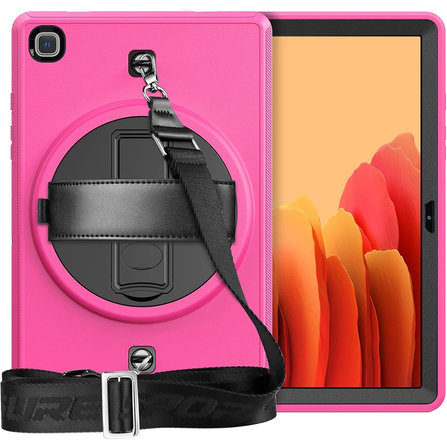 Pachet 360° Sigloo: Husa Shockproof Armor + Folie integrata pentru Samsung Galaxy Tab A7 10.4" cu stand rotativ, curea umar, Roz Bombon