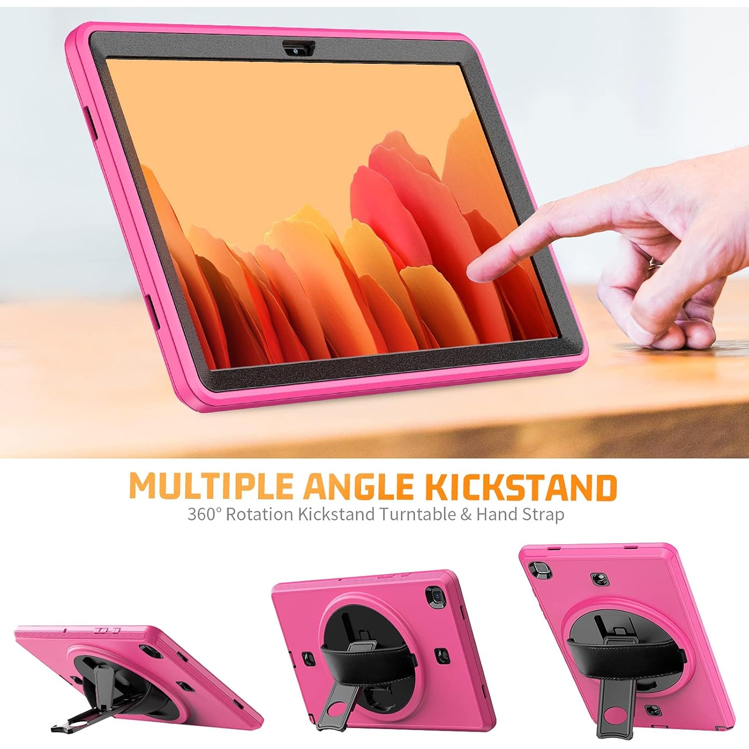 Pachet 360° Sigloo: Husa Shockproof Armor + Folie integrata pentru Samsung Galaxy Tab A7 10.4" cu stand rotativ, curea umar, Roz Bombon