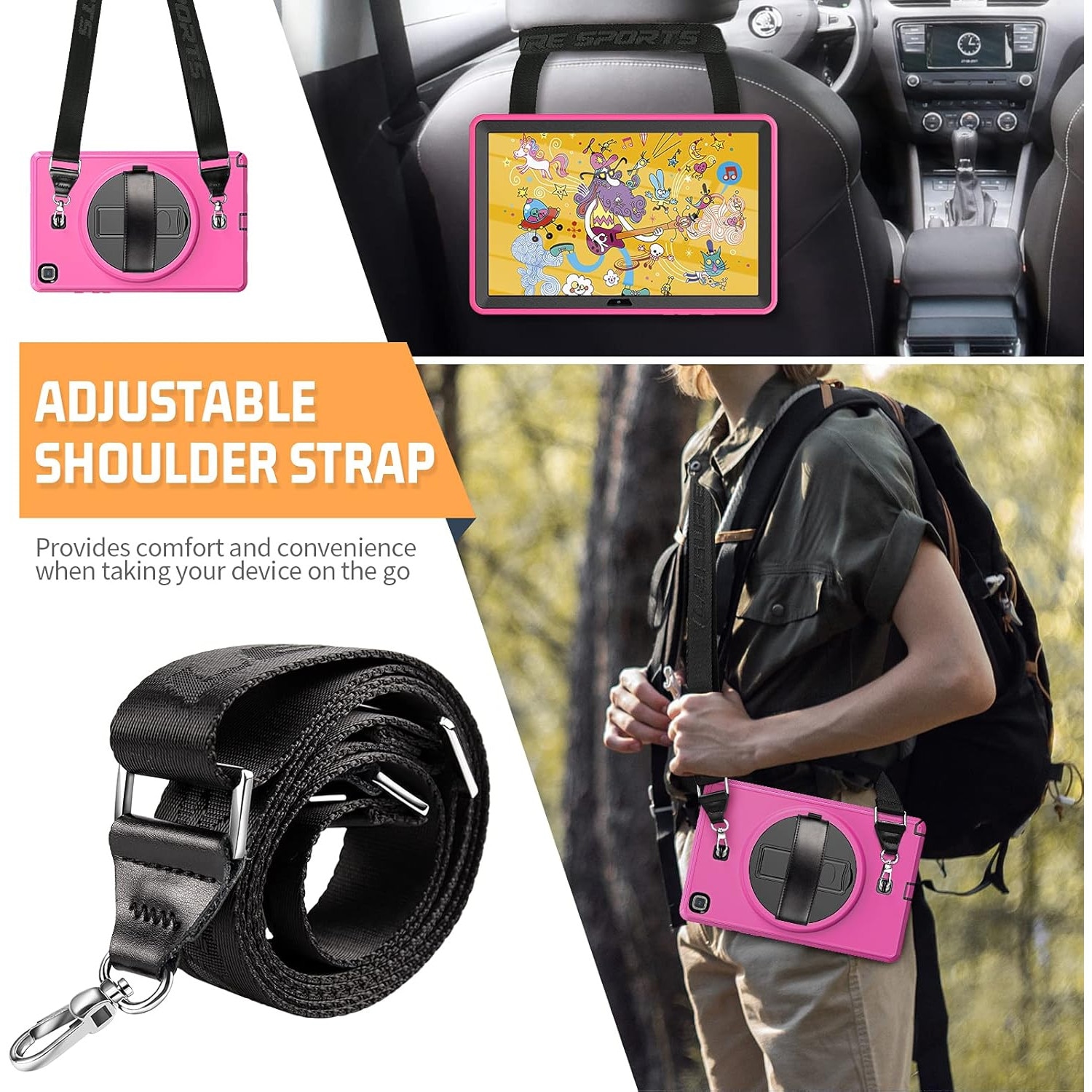 Pachet 360° Sigloo: Husa Shockproof Armor + Folie integrata pentru Samsung Galaxy Tab A7 10.4" cu stand rotativ, curea umar, Roz Bombon