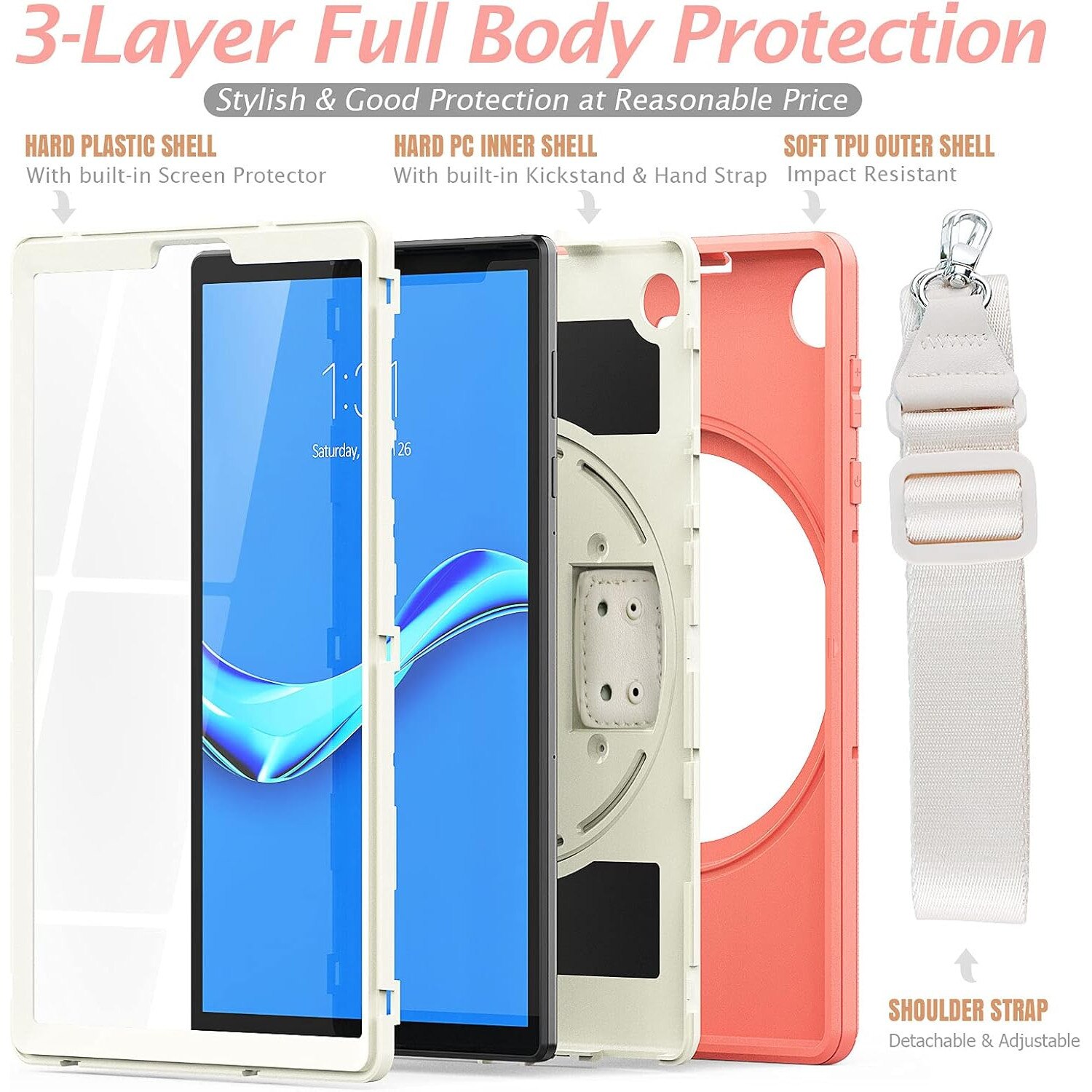 Pachet complet Sigloo 360° pentru Samsung Galaxy Tab A8(X200), 10.5", Upgrade Heavy Duty 3-Layer, Full Coverage Crossbody cu Built- in Stand, Orange