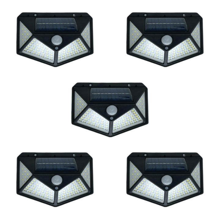 Set 5 Lampi Solare cu LED Premium SUPER TRENDS, 4W, 280Lm, Negru, IP65, Senzor de Miscare, 135x98x52mm