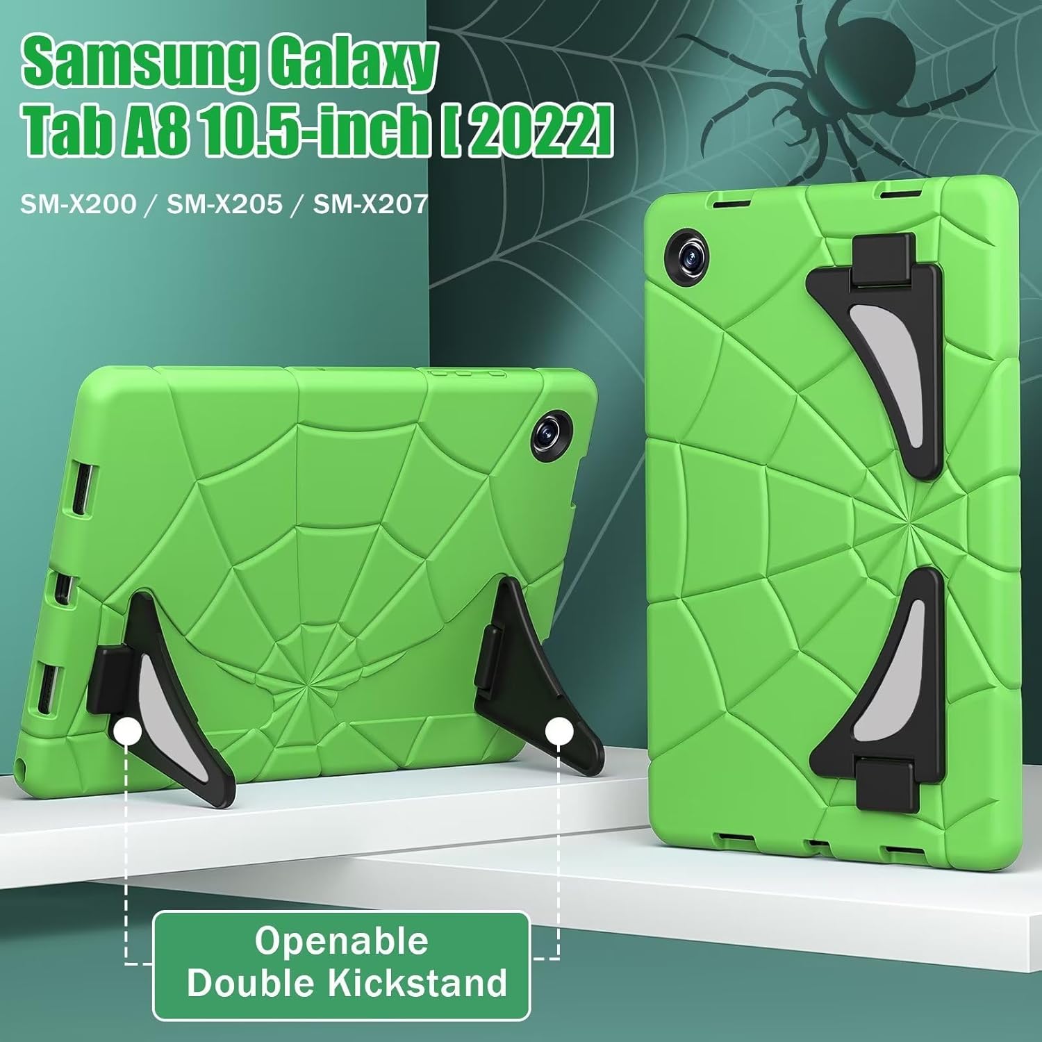 Husa Shockproof Armor pentru Samsung Galaxy Tab A8 (X200/X205), 10.5", Sigloo, stand Built-in, Protectie 360, Verde Spider