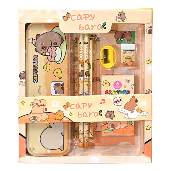 Set de rechizite scolare dragute, 7 piese, multicolor, model capybara, creion rigla ascutitoare guma de sters