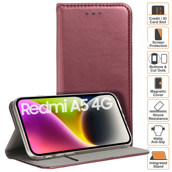 Husa pentru Xiaomi Redmi A5 4G, tip Carte cu buzunar interior, inchidere magnetica, functie Stand, FlipBook, Piele-Eco, Bordo