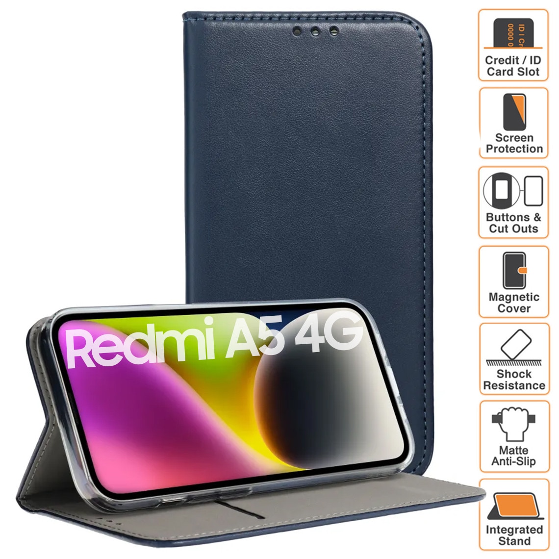 Husa pentru Xiaomi Redmi A5 4G, tip Carte cu buzunar interior, inchidere magnetica, functie Stand, FlipBook, Piele-Eco, Bluemarin