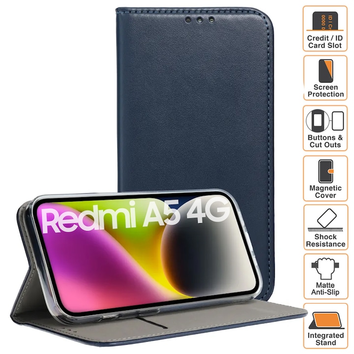Husa pentru Xiaomi Redmi A5 4G, tip Carte cu buzunar interior, inchidere magnetica, functie Stand, FlipBook, Piele-Eco, Bluemarin