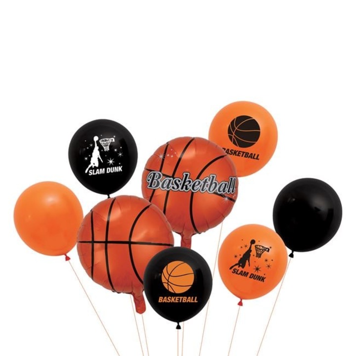 Оранжево-черни фолиеви парти балони с баскетболна тема - 8 бр.