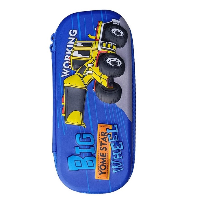 Penar neechipat Tractor 3D, 1 compartiment cu fermoar, Albastru 22x10x4.5cm