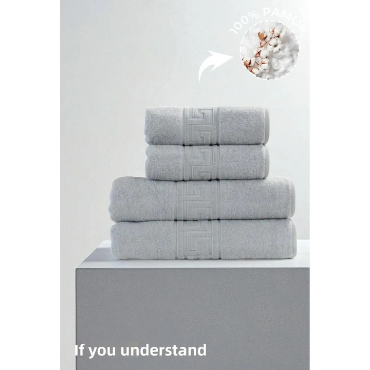 Set 4 prosoape rotop, gri, 100% bumbac, 2 prosoape de mana, 50x90cm, 2 prosoape de baie, 70x130cm