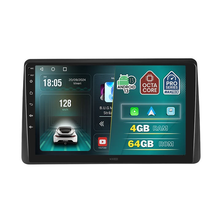 Navigatie Dacia Duster 2 (2018–2021) dedicata, MaxTech® PRO SERIES, 4 GB Ram 64 GB Rom OctaCore, Carplay & Android auto, Ecran 10 ” HD Touch, GPS, Wifi, Bluetooth, Radio, USB, EQ, Waze