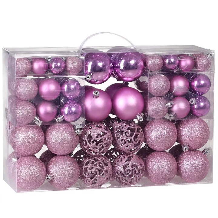 Set 100 x Globuri de Craciun Casaria, 3 dimensiuni, Plastic, Roz