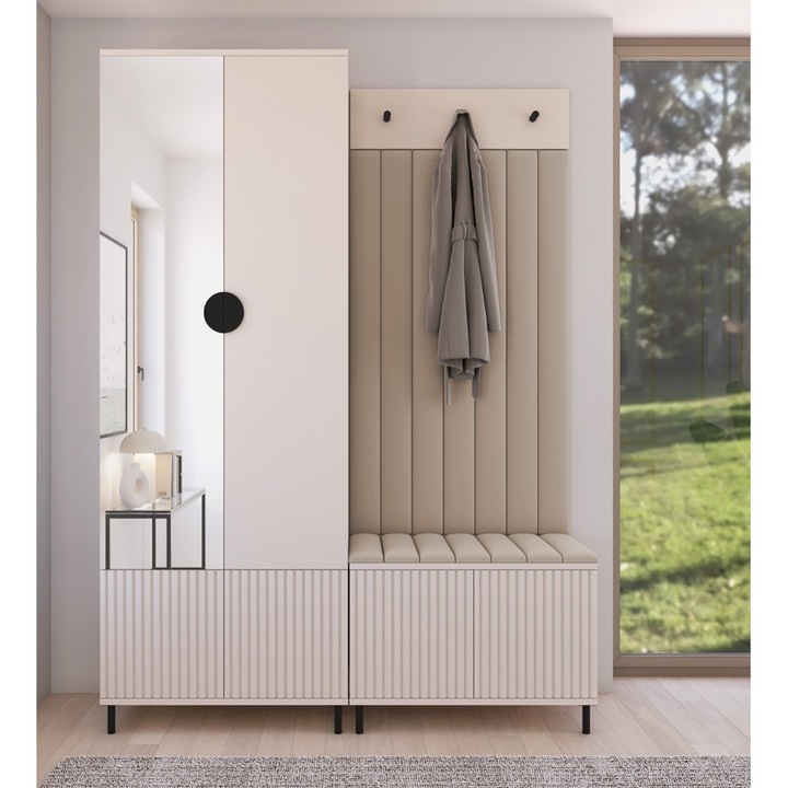 Комплект мебели за антре / закачалка за палта с шкаф и тапицирани панели, с огледало / кашмирен ребърен плат / бледобежов кашмир / кремавобежов плат, модерен дизайн, 140x40x195 см