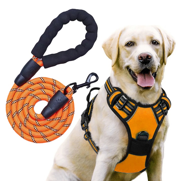 Комплект нагръдник и повод FetchFurry, светлоотразителни ленти, катарама от алуминиева сплав, регулируем, оранжев