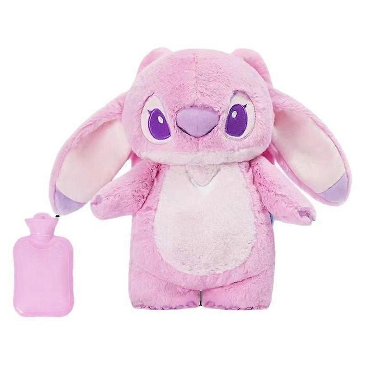 Бутилка за вода с широко гърло, плюшена кукла, грелка за ръце, релакс, розов, 30x20см