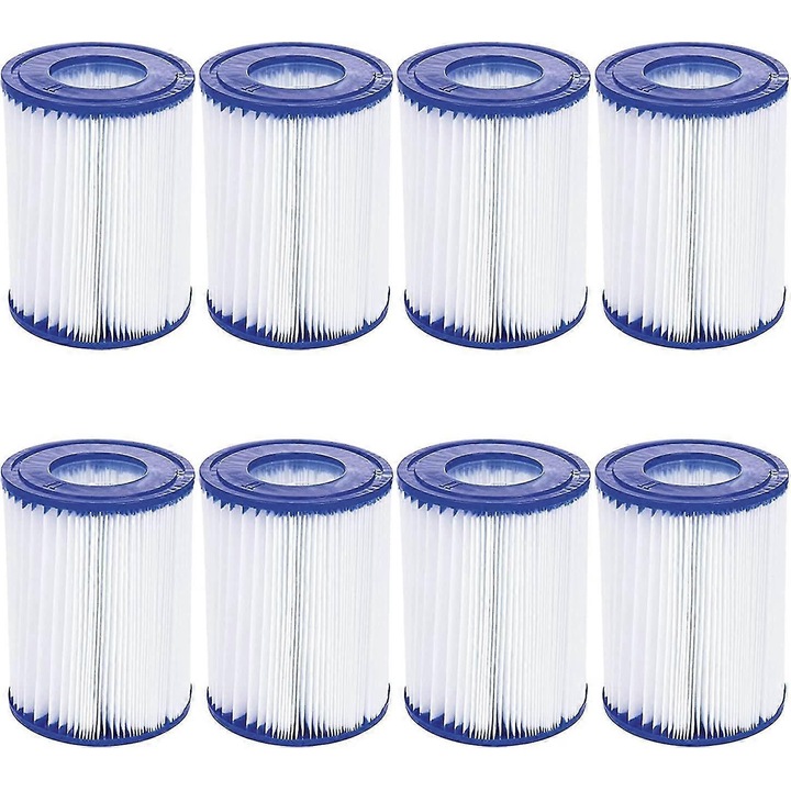 Set 8 cartuse filtrante pentru piscina, compatibile cu Bestway II, dimensiuni 10.6x13.6x13.7cm, culoare albastra si alba