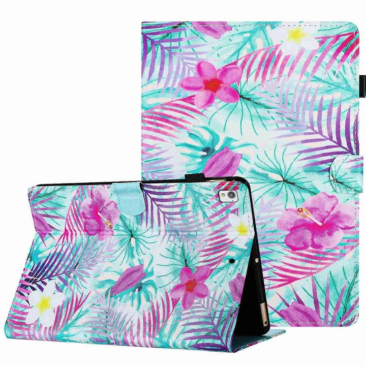 Husa tableta cu model pictat, 10.2 inch, din piele PU si TPU, cu sloturi pentru carduri, multicolor