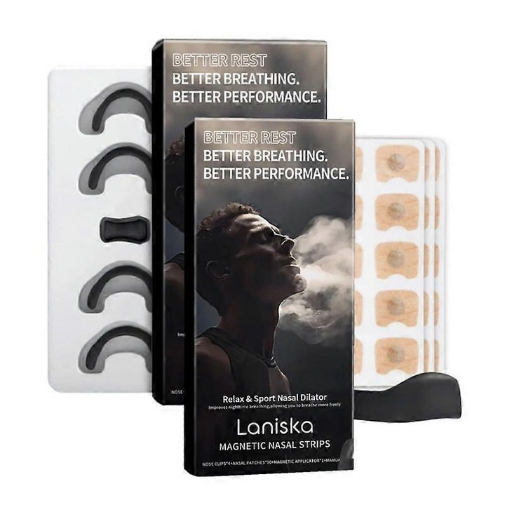 Set dispozitive anti-sforait Laniska, 30 plasturi nazali, 4 cleme nazale, 1 absorber magnetic, 1 manual de utilizare