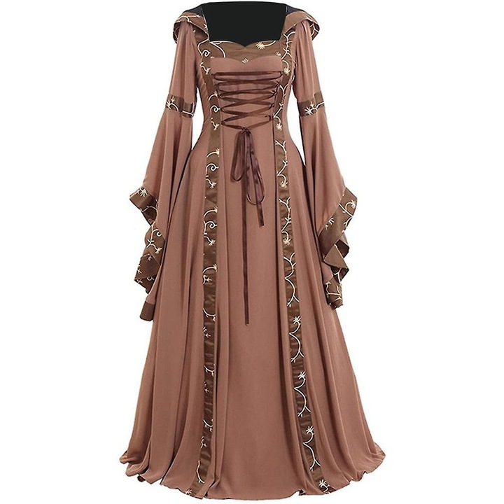 Costum medieval Fianao pentru femei, cu maneca si sireturi, lungime podea, L, kaki