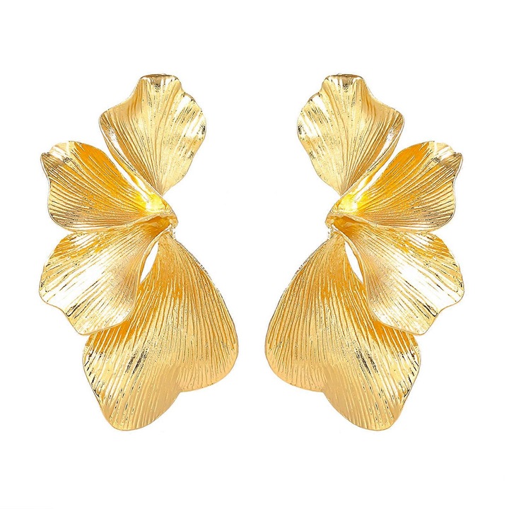 Cercei floare din aliaj, aurii, 7.7x3.4cm, set 1 pereche