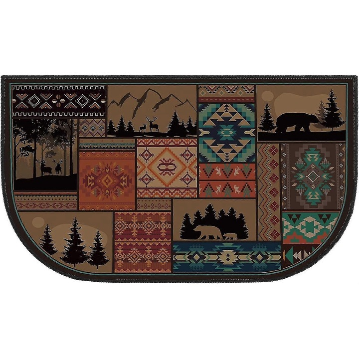 Covor semi-circular pentru semineu, 80x121cm, design cu ursi negri, rezistent la foc si anti-derapant
