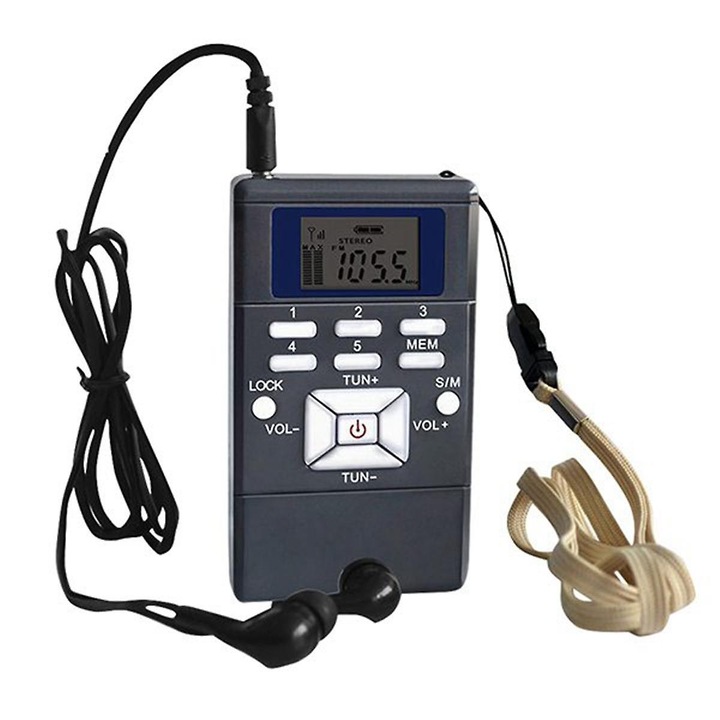 Мини FM радио с цифров часовник, сребристо сиво, дизайн с щипка, включва слушалки и връзка за връзка