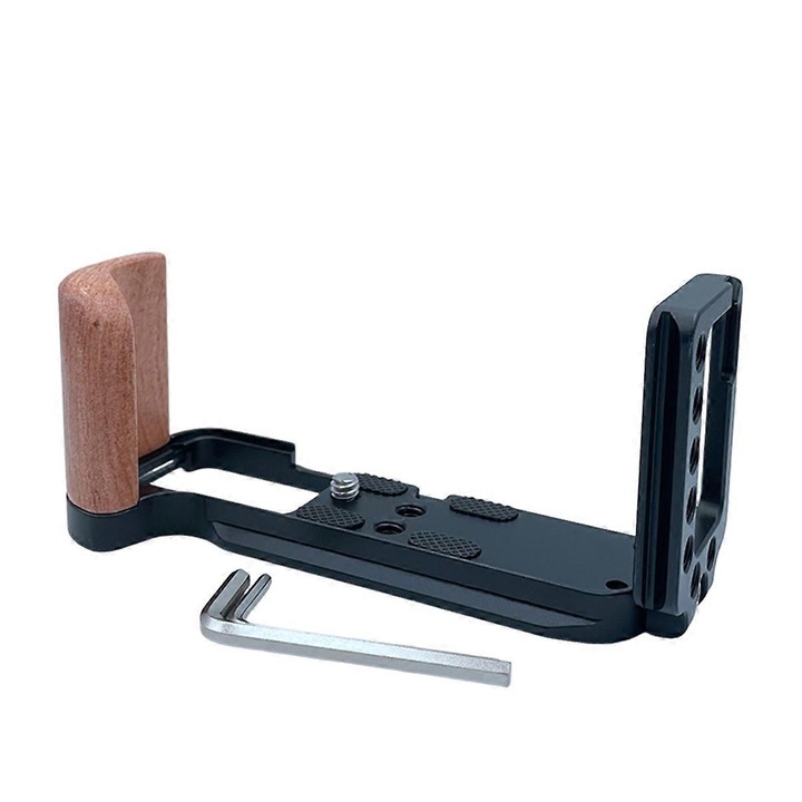 Placa L pentru camera mirrorless Fujifilm XT30 II, neagra, din aliaj de aluminiu si lemn, design detasabil