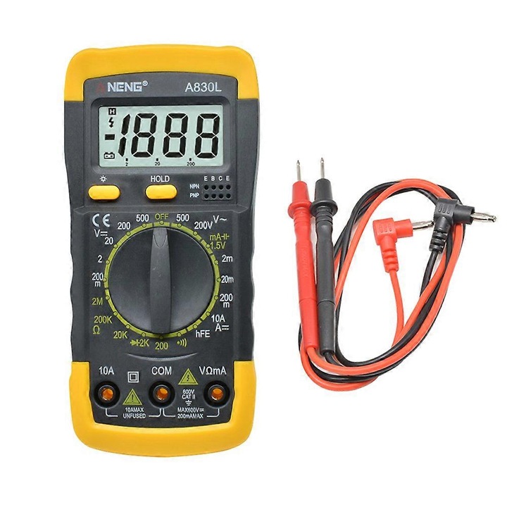 Цифров мултиметър A830L, измерване AC/DC, LCD дисплей, функция зумер, 140x70x35mm, синьо+бяло/многоцветен