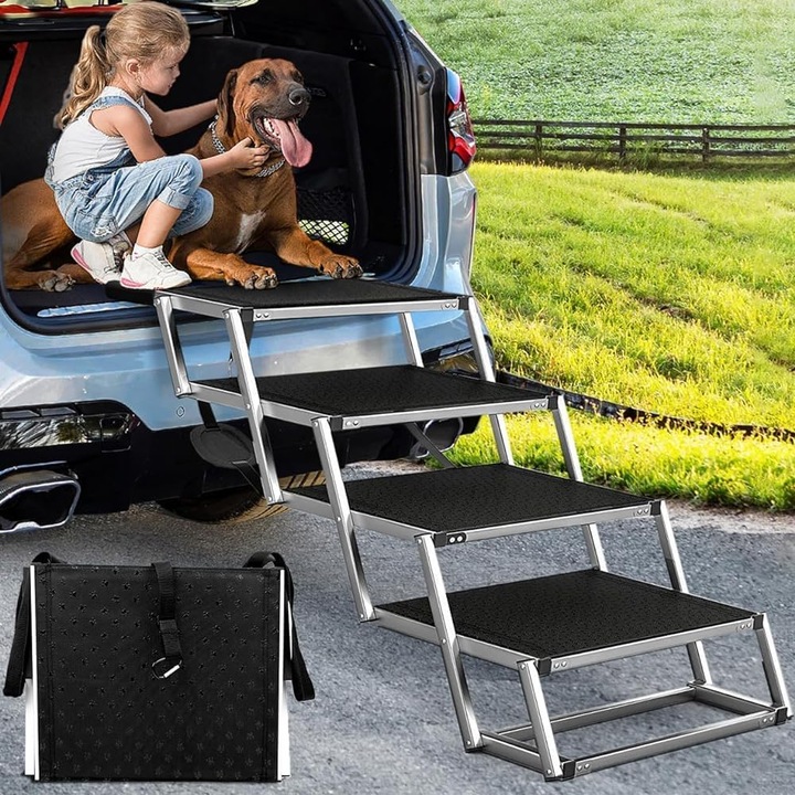 Autós összecsukható lépcsők kutyáknak, extra széles, 4 fokozatú rámpa, könnyű és csúszásmentes autókhoz, teherautókhoz és SUV-okhoz, akár 70 kg-ig terhelhető