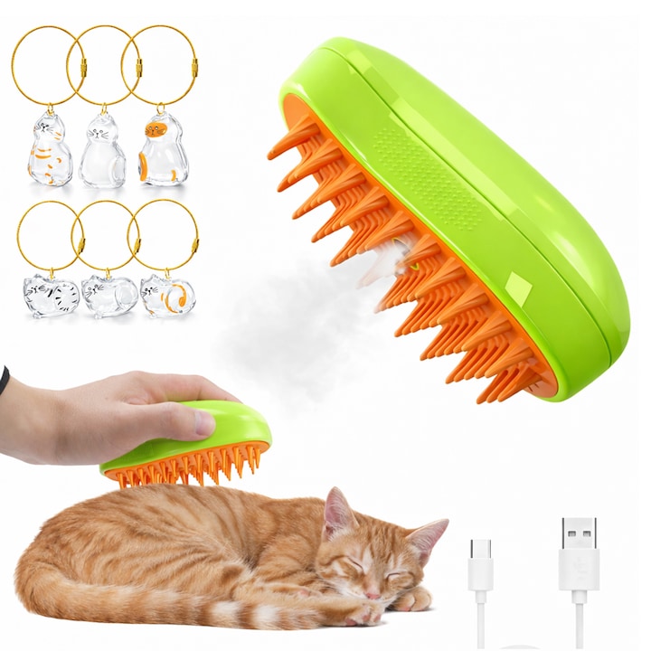 Perie cu abur pentru animale de companie, perie 3 in 1 multifunctionala pentru cu aburi, pulverizare si dozator incorporat din silicon, reincarcabila prin USB, cu breloc din blana de pisica