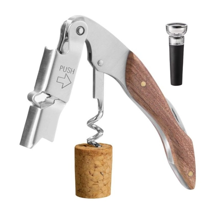 Rozsdamentes acél palacknyitó, multifunkcionális, palacknyitó, szakácskés, beépített csúszásmentes penge, sötétbarna fa fogantyú