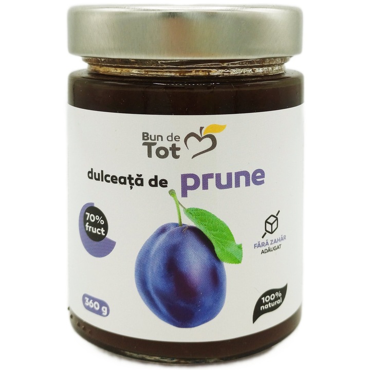 Dulceata de Prune cu 70% fruct, fara zahar, fara chimicale, 100% natural, Bun De Tot, 360g, Seva Plant
