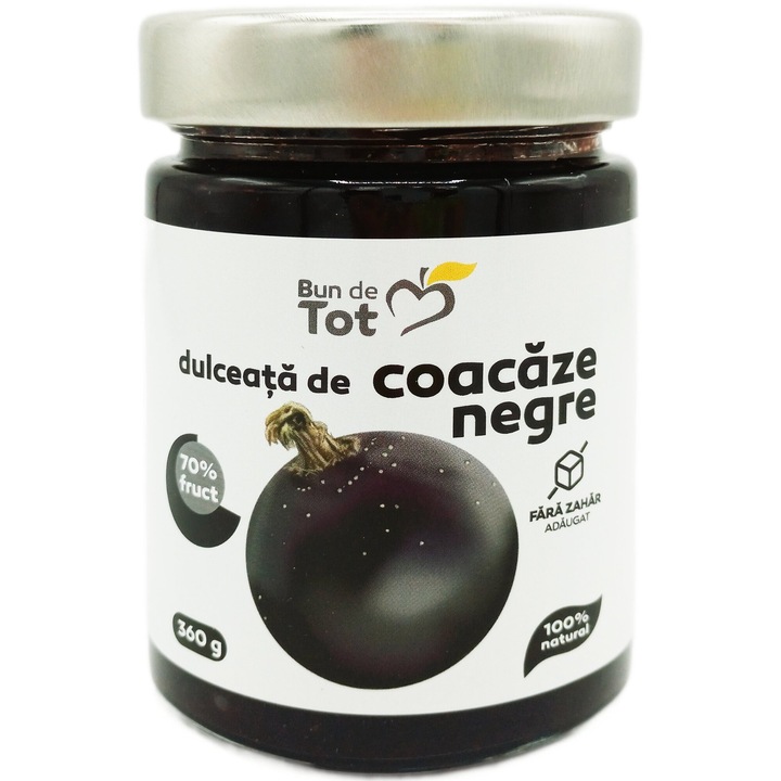 Dulceata de Coacaze negre cu 70% fruct, fara zahar, fara chimicale, 100% natural, Bun De Tot, 360g, Seva Plant