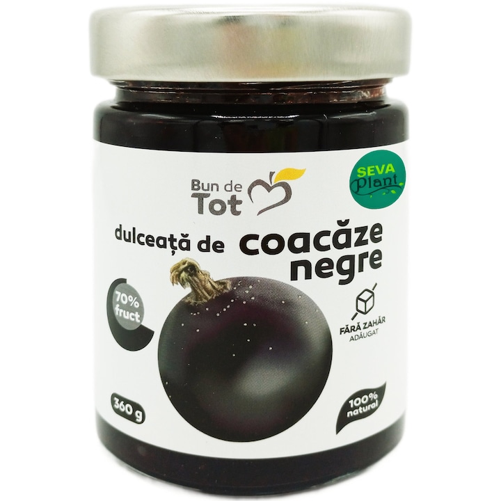 Dulceata de Coacaze negre cu 70% fruct, fara zahar, fara chimicale, 100% natural, Bun De Tot, 360g, Seva Plant