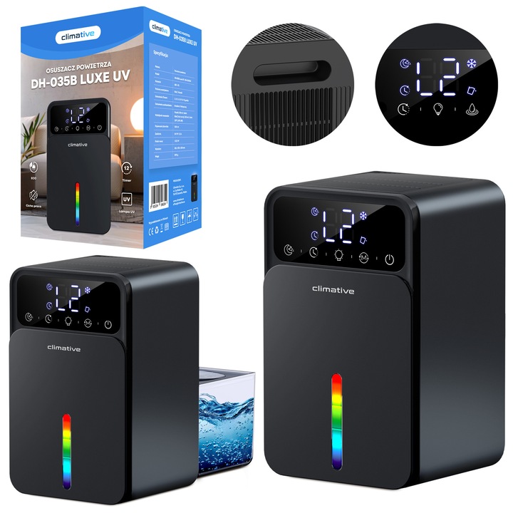 Влагоабсорбатор Climative Luxe 35 с UVC лампа, LED екран, резервоар 1.2 л, преносим, таймер, режим на заспиване, технология Peltier, до 20 м², ниска консумация на енергия, черен