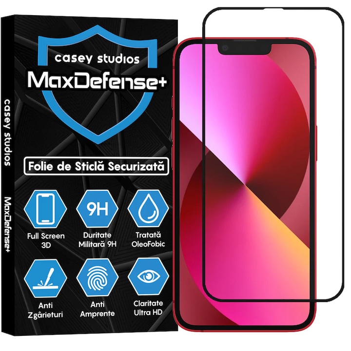 Folie Sticla CASEY STUDIOS™ compatibila cu Apple iPhone 13 Mini, MaxDefense+, Anti Zgarieturi, Full Glue, Full Cover 3D, Protectie Ecran 3D, Duritate Ridicata, Margini Negre