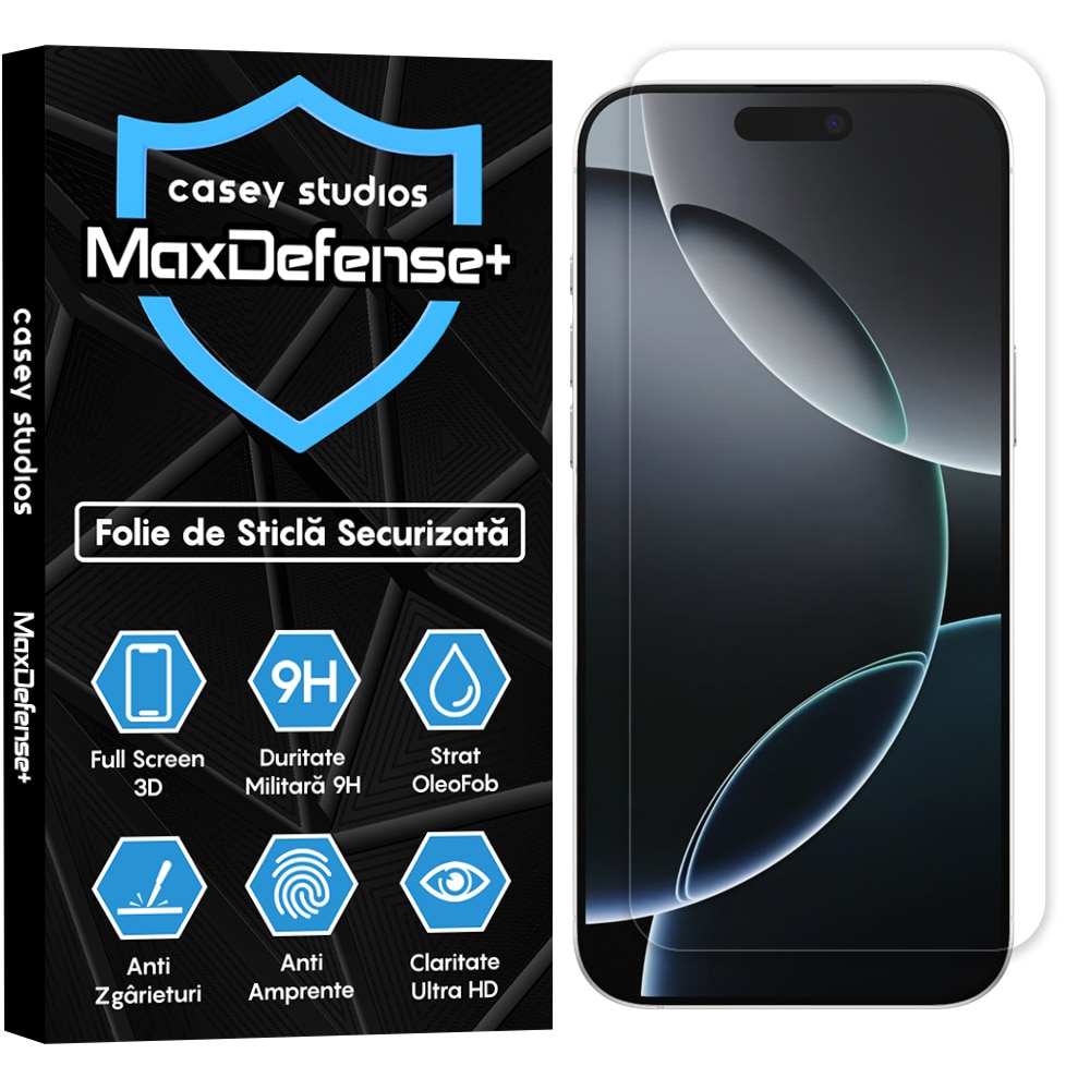 Folie Sticla CASEY STUDIOS™ compatibila cu iPhone 16 Pro Max, MaxDefense+, Anti Zgarieturi, Full Glue, Full Cover 3D, Protectie Ecran 3D, Duritate Ridicata