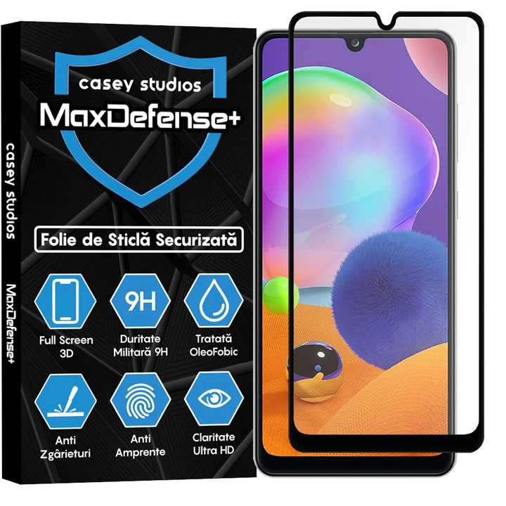 CASEY STUDIOS™ üvegfólia Samsung Galaxy A31-gyel kompatibilis, MaxDefense+, karcálló, teljes ragasztós, teljes borítású 3D, 3D képernyővédelem, nagy keménység, fekete élek