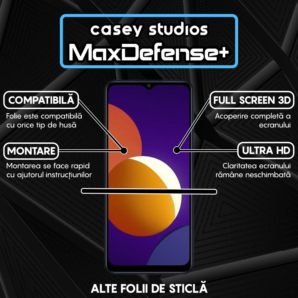 Folie Sticla CASEY STUDIOS™ compatibila cu Samsung Galaxy A32 5G / A12 NACHO / A12 / M12 / A02 / F12 / M02, MaxDefense+, Anti Zgarieturi, Full Glue, Full Cover 3D, Protectie Ecran 3D, Duritate Ridicata, Margini Negre